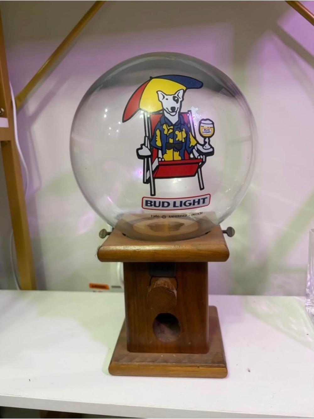 Vintage Bud Light glass Globe and wood Display, gumball machine